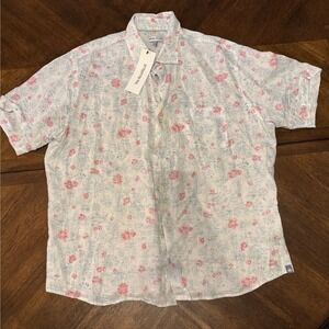 Peter Millar XL Linen Floral Short Sleeve Button Up Shirt White Pink Blue |J1